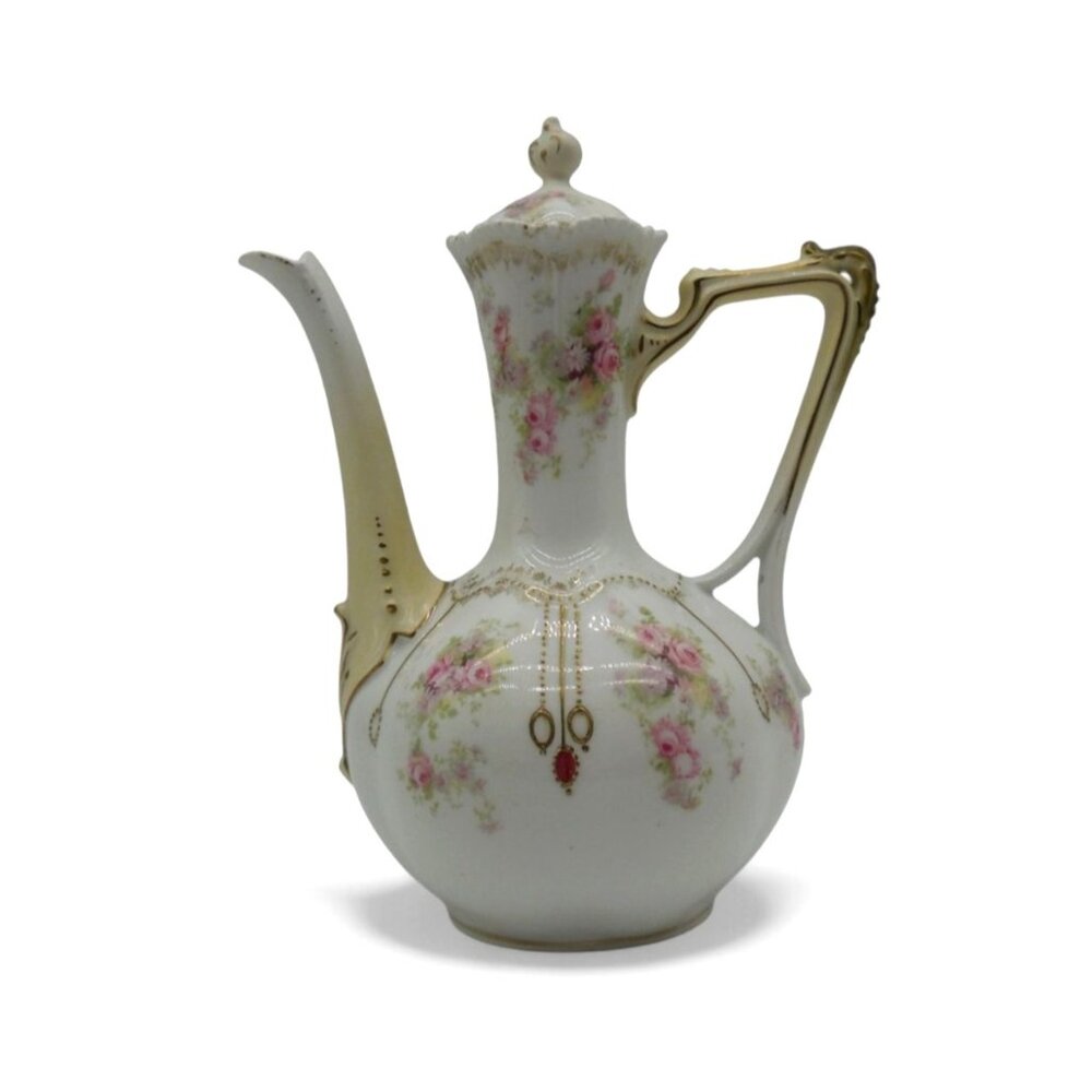 Antique RS PRUSSIA Porcelain Chocolate Pot Pink Floral & Gold Trim 8.6"